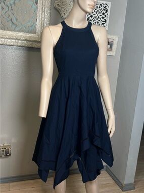 Eliza J Navy Halter Handkerchief Hem Dress